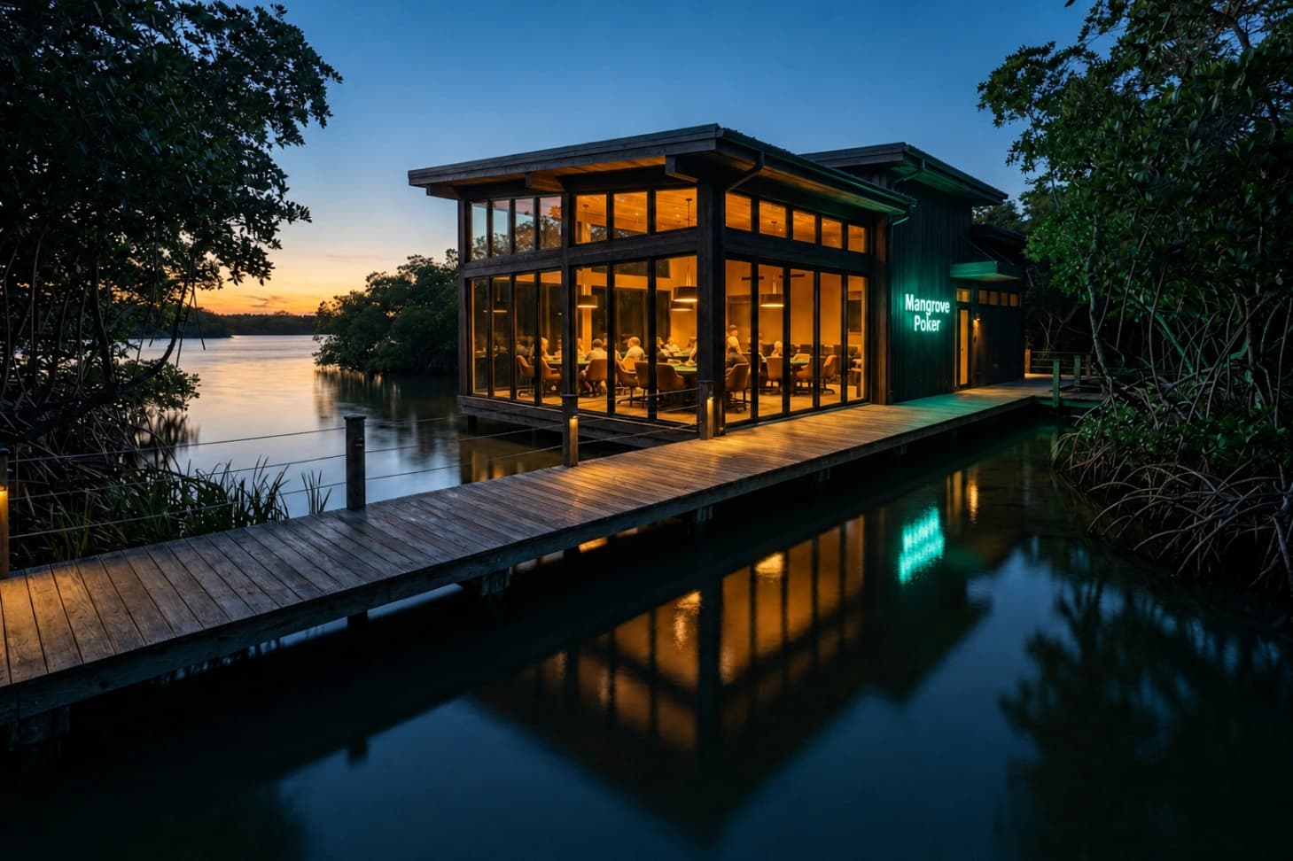Mangrove Poker on the water at dusk